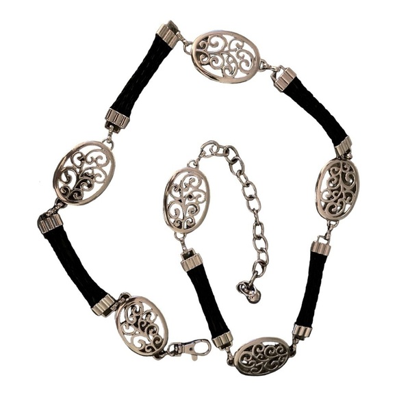 Belt, silver oval medallions connected with black leather cords. main image 4